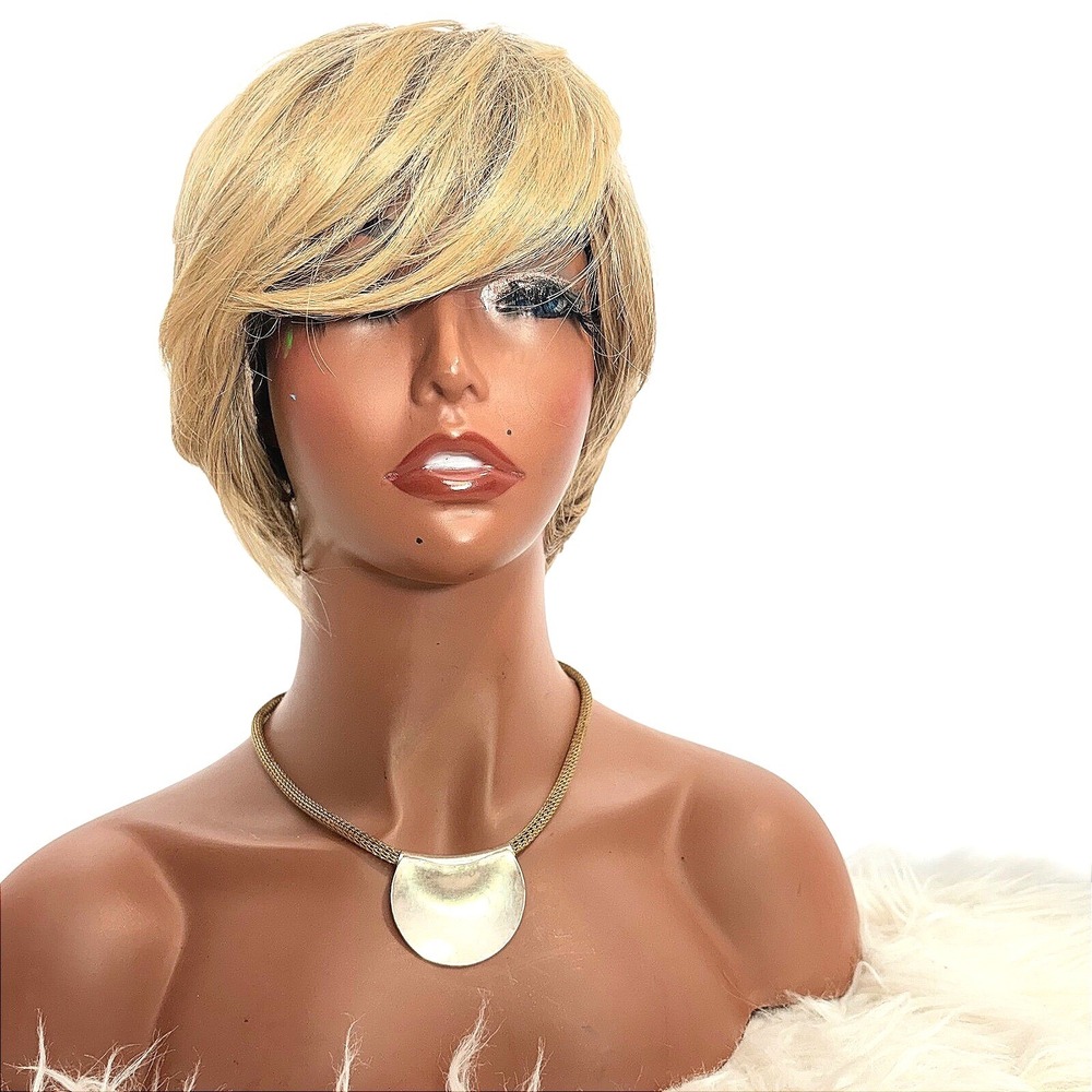 Womens Blonde Short Pixie Cut Bob Wig Side Swept Bangs Layered Hairpiece